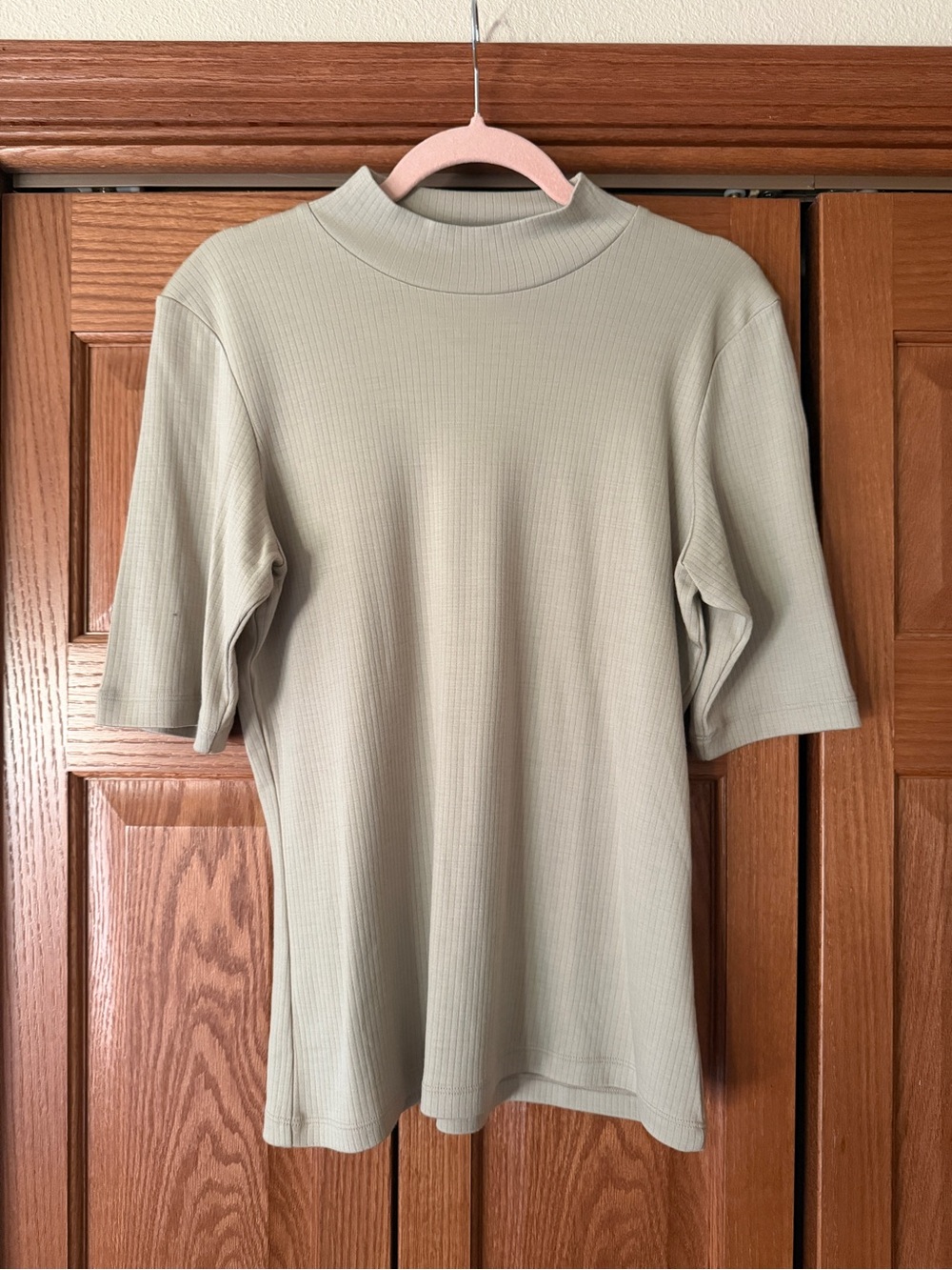 Wool& Krystal Mock Neck Ribbed Short-Sleeve Top - large, khaki